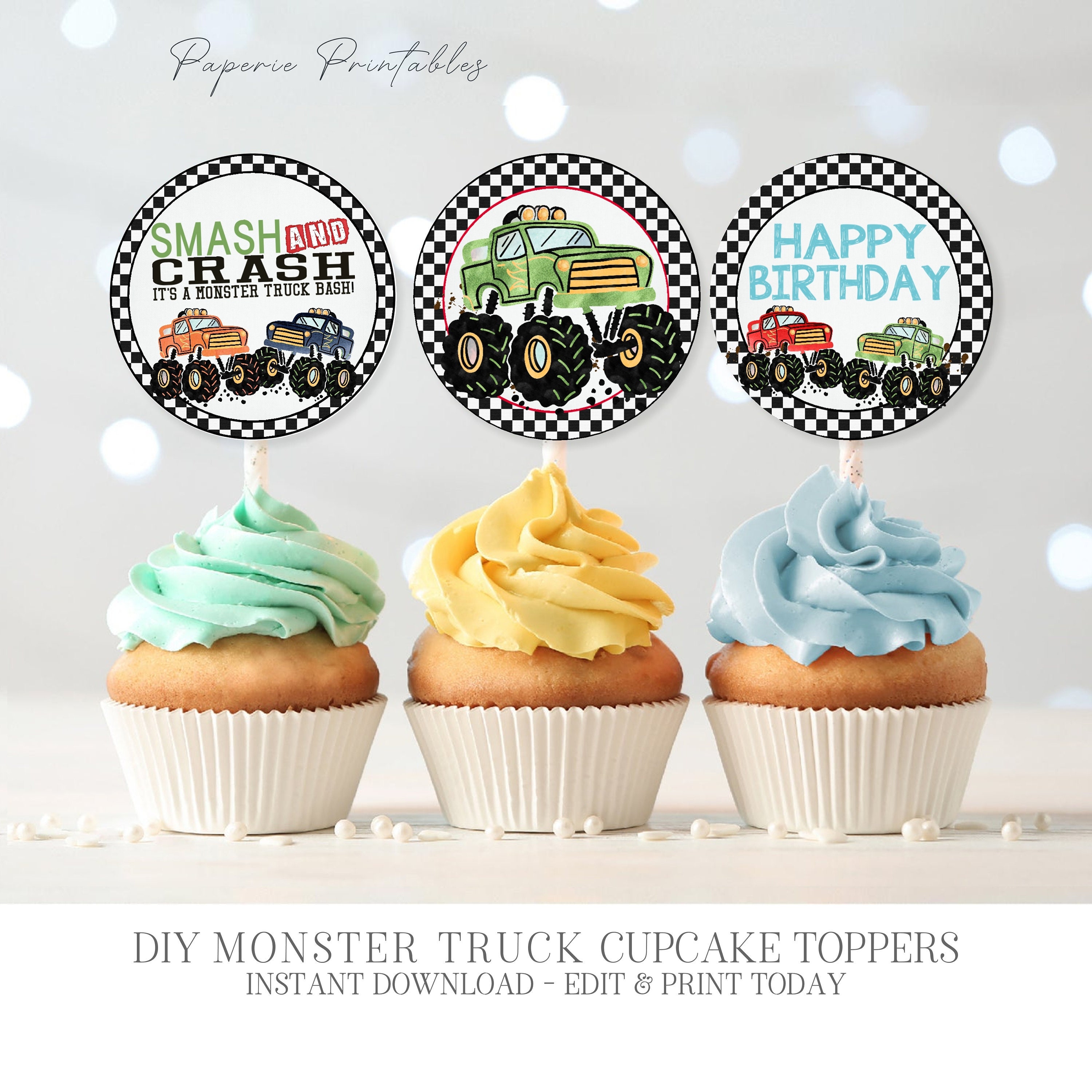 Monster Truck Party Cupcake Toppers Monster Truck Cupcake Etsy