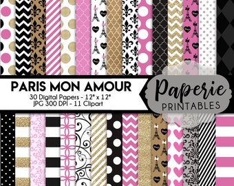 Paris Scrapbook Paper: Eiffel Tower, Pink Patterns (Digital Download)
