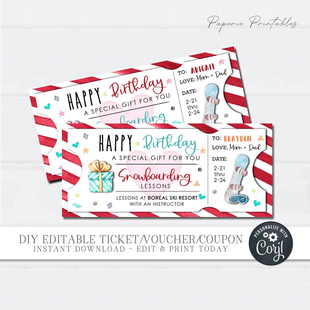 EDITABLE Snowboarding Lessons Gift Voucher, Birthday Gift Coupon
