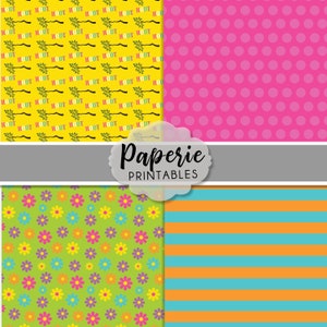 May include: Four digital paper designs. The first design is yellow with a repeating pattern of green leaves and the text "HOOT" in black. The second design is pink with a repeating pattern of white polka dots. The third design is green with a repeating pattern of colourful flowers. The fourth design is blue and orange with horizontal stripes.