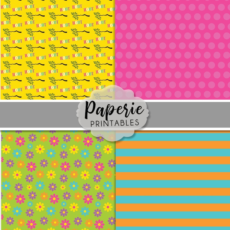 May include: Four digital paper designs. The first design is yellow with a repeating pattern of green leaves and the text "HOOT" in black. The second design is pink with a repeating pattern of white polka dots. The third design is green with a repeating pattern of colourful flowers. The fourth design is blue and orange with horizontal stripes.