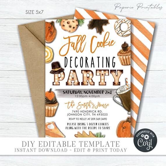 EDITABLE Fall Cookie Decorating Party Invitation, Autumn Cookie.