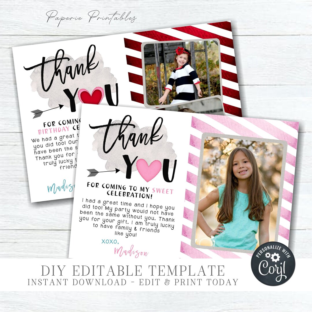 Editable Valentine Birthday Thank You Card: Photo Template (corjl) # ...