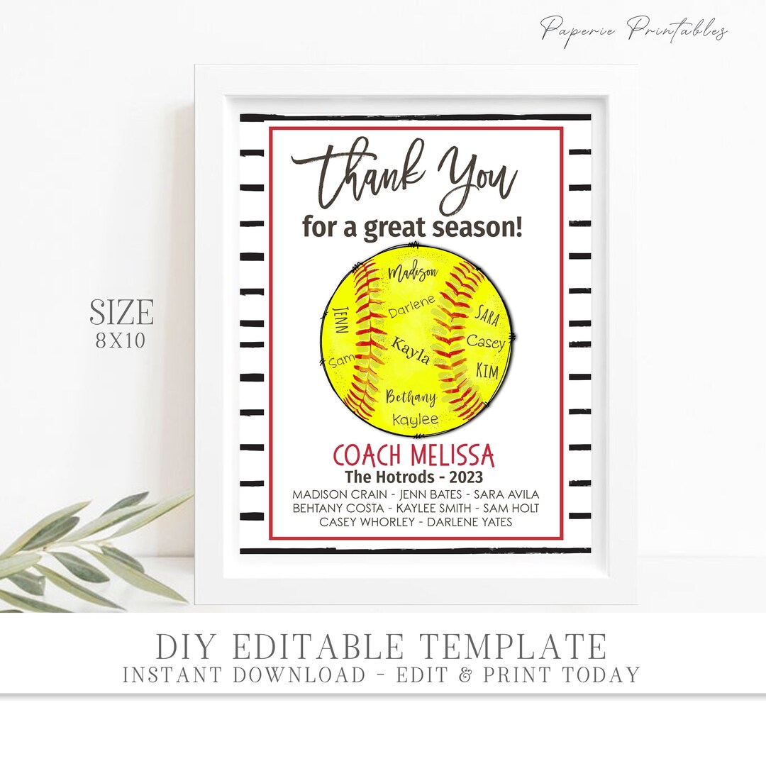 EDITABLE Softball Coach Gift Printable, Coach Appreciation Gift, Team