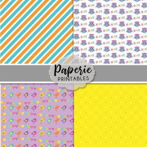 May include: Four digital paper designs. The first design is a diagonal stripe pattern in orange and blue. The second design features a repeating pattern of owls with the word "hoot" written on each owl. The third design is a purple background with a repeating pattern of colourful birds and hearts. The fourth design is a yellow background with a repeating pattern of yellow squares.