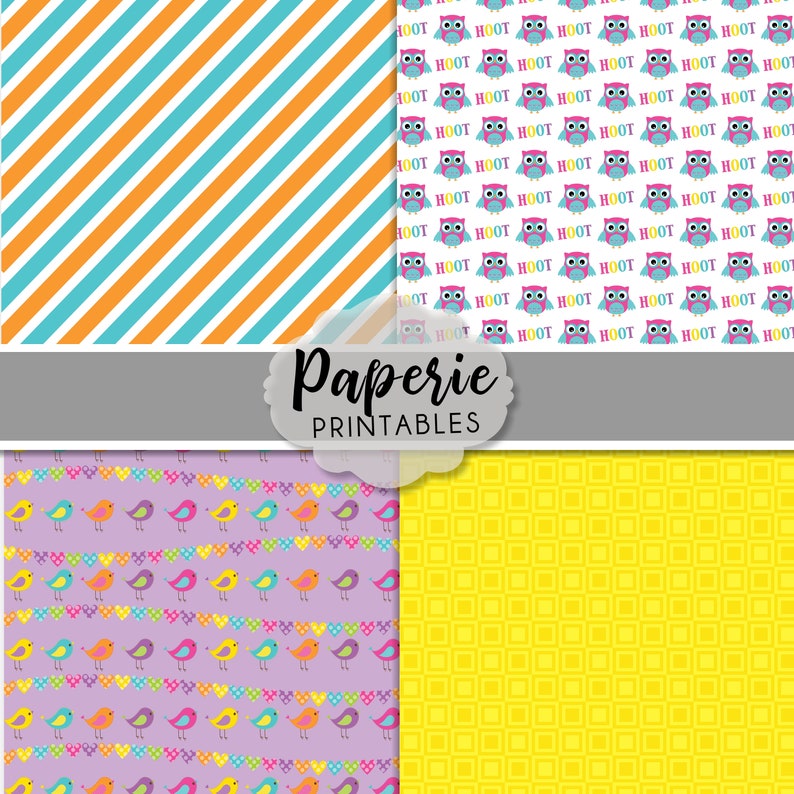 May include: Four digital paper designs. The first design is a diagonal stripe pattern in orange and blue. The second design features a repeating pattern of owls with the word "hoot" written on each owl. The third design is a purple background with a repeating pattern of colourful birds and hearts. The fourth design is a yellow background with a repeating pattern of yellow squares.
