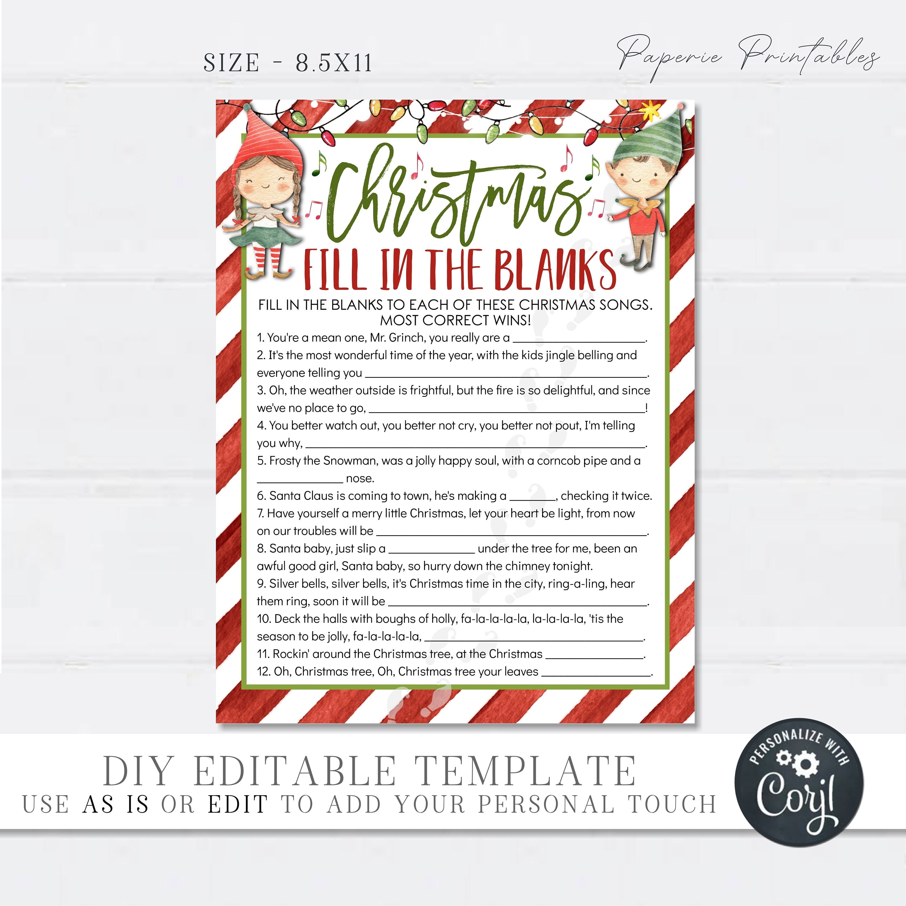 editable christmas fill in the blanks game: printable trivia