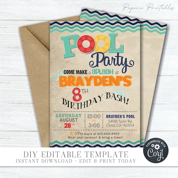 Editable Boy Pool Party Birthday Invitation Pool Birthday image picture