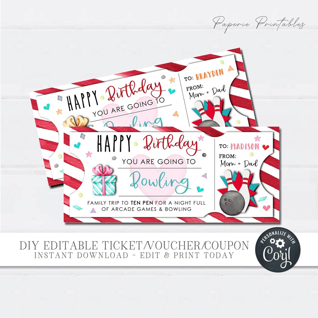 EDITABLE Bowling Birthday Gift Voucher, Bowling Birthday Gift Coupon
