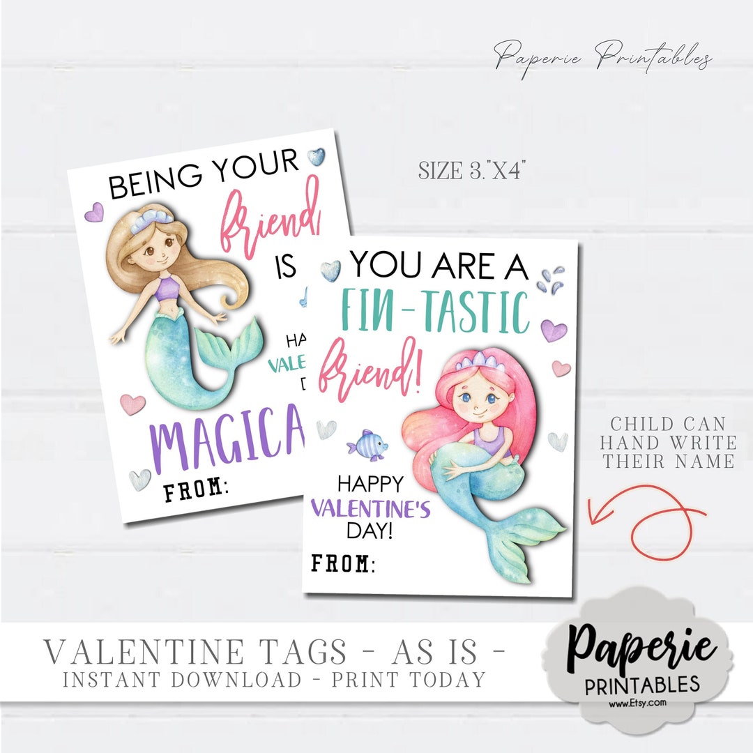 Mermaid Valentine's Day Tags: Kids Printable Cards (instant Download ...