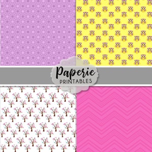 May include: A digital paper pack featuring four different patterns. The designs include a purple gingham, a yellow pattern with owls, a white pattern with trees and hearts, and a pink chevron pattern. The text "Paperie Printables" is in the centre of the image.