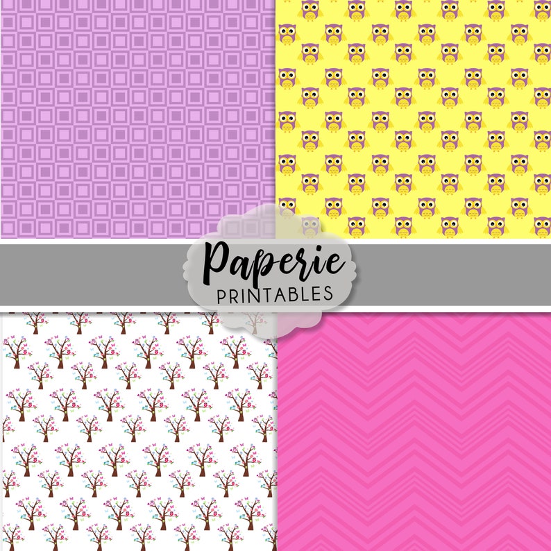 May include: A digital paper pack featuring four different patterns. The designs include a purple gingham, a yellow pattern with owls, a white pattern with trees and hearts, and a pink chevron pattern. The text "Paperie Printables" is in the centre of the image.