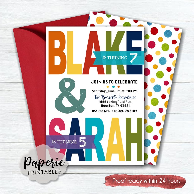 Siblings Birthday Party Invitation Colorful Joint Birthday Etsy