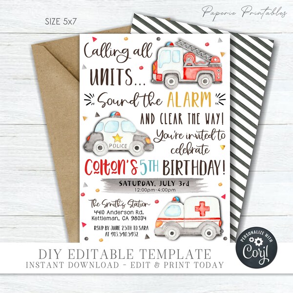 EDITABLE First Responders Birthday Invitation, First Responder Party Invitation, Rescue Birthday Invitation Template - DIY with Corjl #BP126