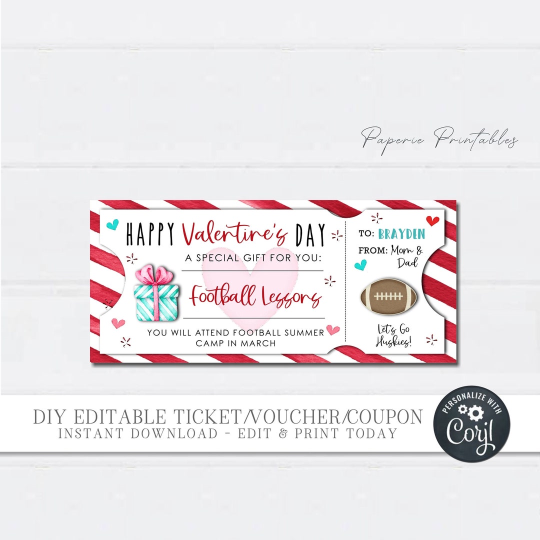 EDITABLE Valentine Gift Coupon, Football Training Lessons Valentine ...