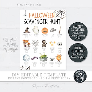 May include: Printable Halloween scavenger hunt game with a watercolor design. The game board features a checklist of Halloween-themed items, such as a witch's hat, ghost, pumpkin, bat, broom, haunted house, spider web, black cat, candy corn, skull, moon, worm, cauldron, spider, and monster. The text on the game board says "Halloween Scavenger Hunt" and "DIY Editable Template - Instant Download - Edit & Print Today".