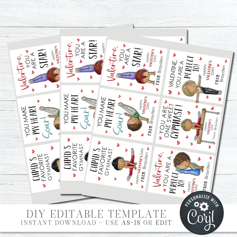 EDITABLE Gymnast Valentine Cards Kid Valentine Cards School - Etsy