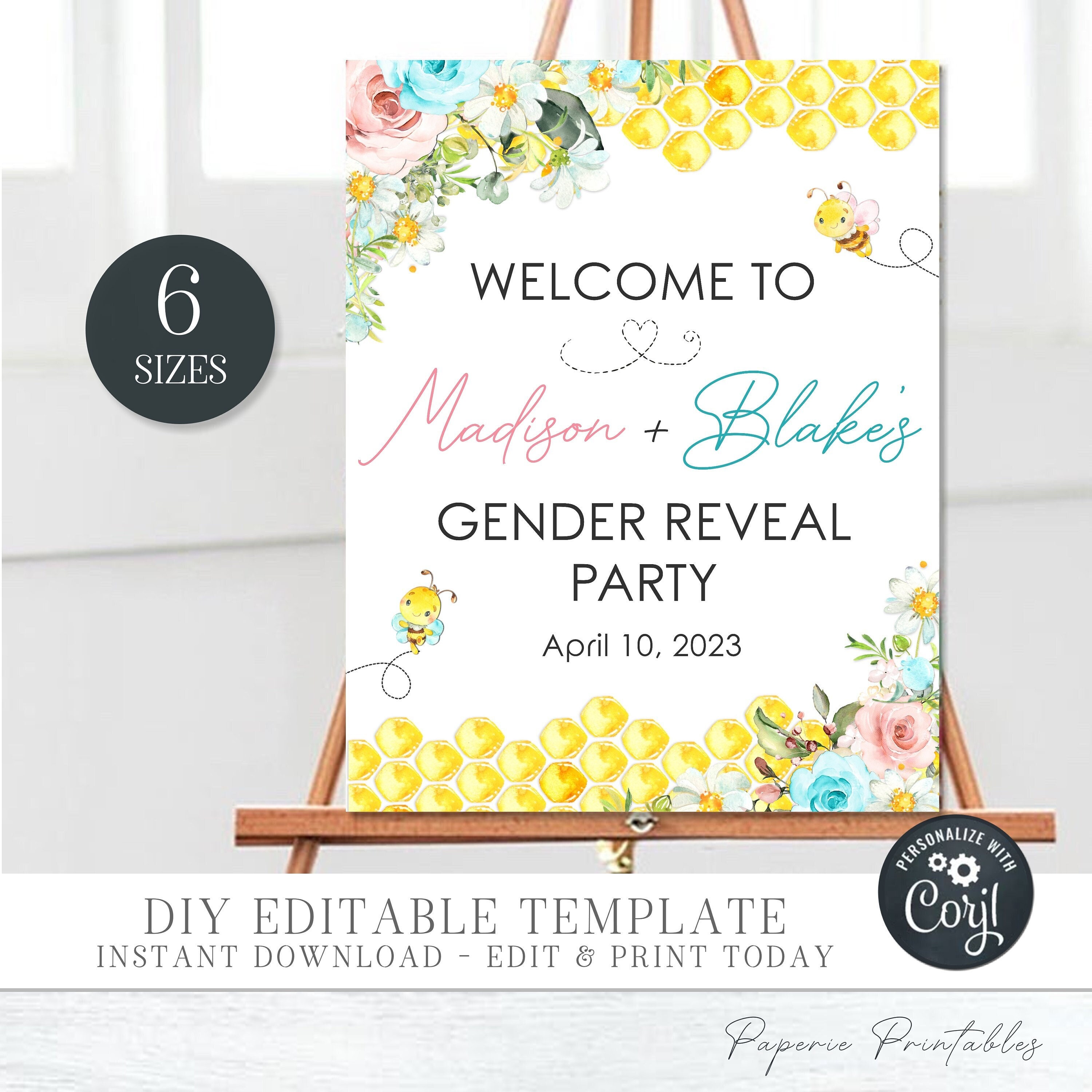 Gender Reveal Welcome Sign Printable Baby Reveal Party Welcome Poster Board  EDITABLE TEMPLATE Smoke Blue Pink Gold Decor 24x36 Download P16 