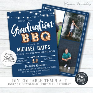 May include: Navy blue graduation BBQ invitation with white text and string lights. Features the text "Graduation BBQ" and details for Michael Bates' graduation from Hughson High School. Includes photos and editable template information.