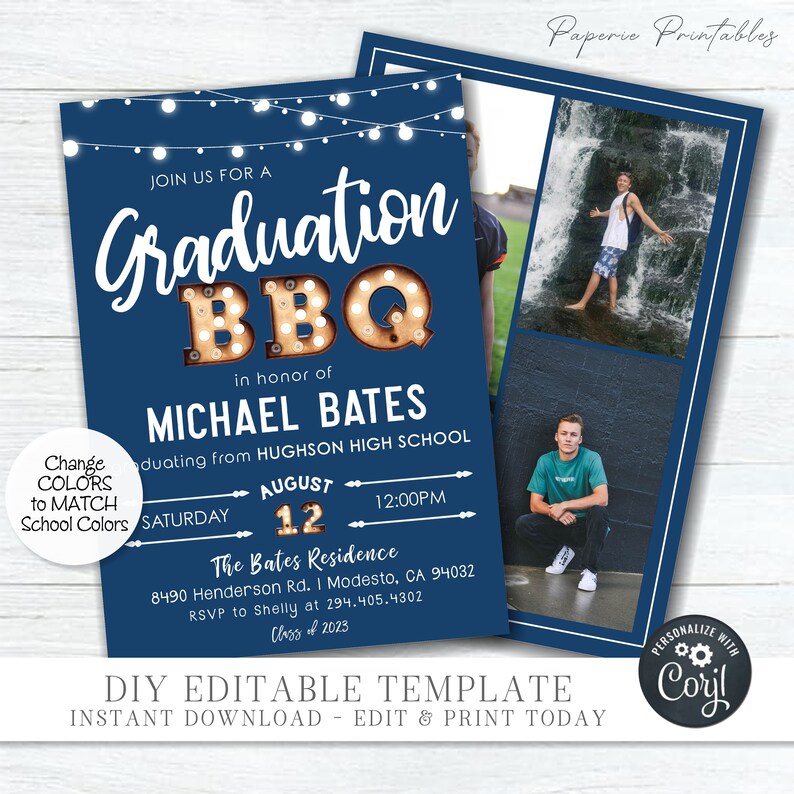 May include: Navy blue graduation BBQ invitation with white text and string lights. Features the text "Graduation BBQ" and details for Michael Bates' graduation from Hughson High School. Includes photos and editable template information.