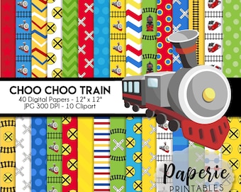 Choo Choo Train Digital Paper - 12x12 Digital Scrapbooking Paper - 40 Papers & 10 Clipart - Train Scrapbook Paper - Instant Download -