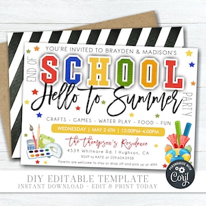 Editable End of School Party Invitation: Hello to Summer (DIY Corjl)
