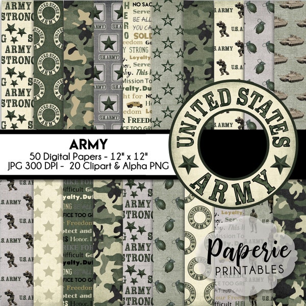 Papel Digital ARMY - Papel de Scrapbooking Digital 12x12 y 8.5x11-50 Papeles y 20 Imágenes Prediseñadas-Papel de Scrapbook ARMY de Estados Unidos-Descarga Instantánea-