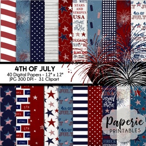 Patriotic Digital Paper - 12x12 & 8.5x11 - Digital Scrapbooking Paper - 40 Papers - 4th of July Paper - 31 Clipart Included-Instant Download