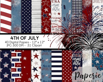 Patriotic Digital Paper Pack: 4th of July Scrapbook Clipart (Digital Download)