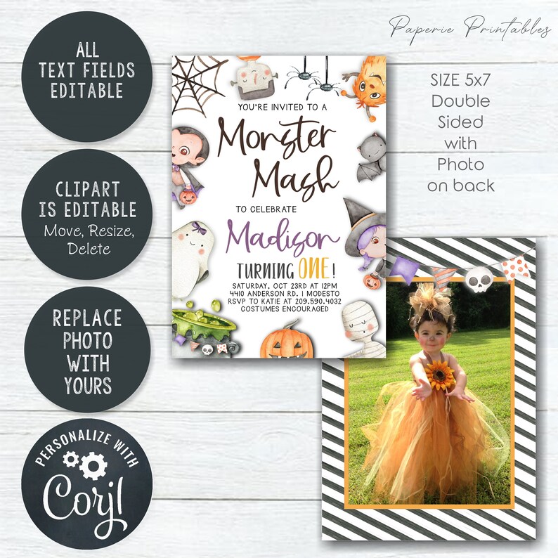 May include: A printable 5x7 inch invitation for a Monster Mash birthday party. The invitation features a purple and white monster mash theme with a cute cartoon ghost, witch, and mummy. The invitation is double-sided with a photo space on the back. The text on the front reads "You're invited to a Monster Mash to celebrate Madison turning one!"