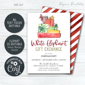 K&ouml;nnte beinhalten: Einladung zu einer Weihnachtsfeier mit &bdquo;Weisser Elefant&ldquo;-Geschenketausch. Die Einladung enth&auml;lt eine Aquarell-Illustration von verpackten Geschenken. Datum, Uhrzeit und Ort der Party sind angegeben. RSVP an Sara unter 294&nbsp;405&nbsp;4302. Bitte bringen Sie 1 verpacktes Geschenk im Wert von 25&nbsp;$ mit.