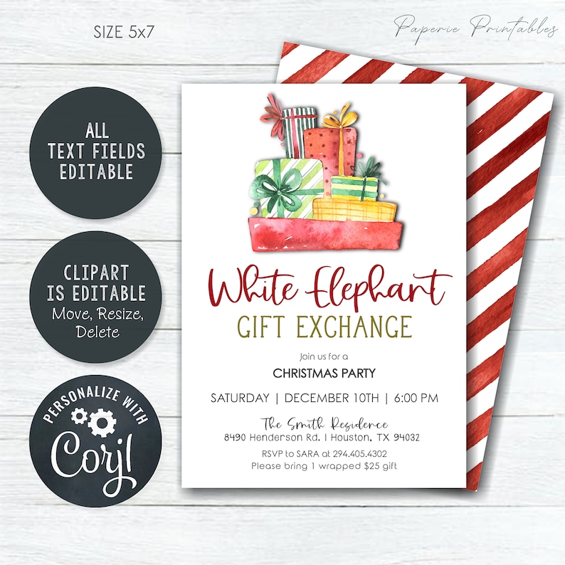 EDITABLE White Elephant Gift Exchange Invitation Christmas Etsy