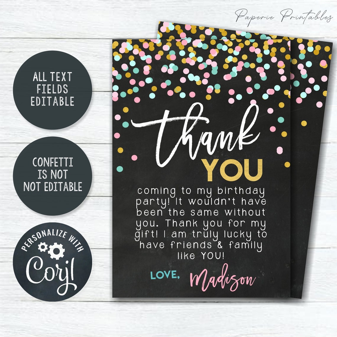 EDITABLE Confetti Birthday Thank You Card Confetti Thank You | Etsy