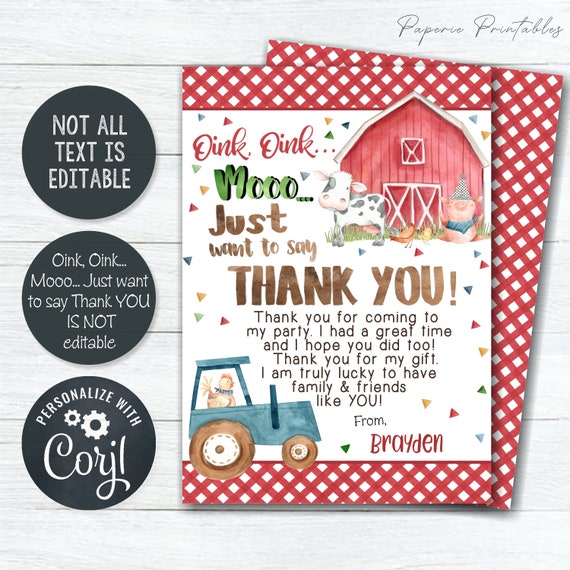 Country Farm Tractor Party Thank You Cards - Red Heart Print