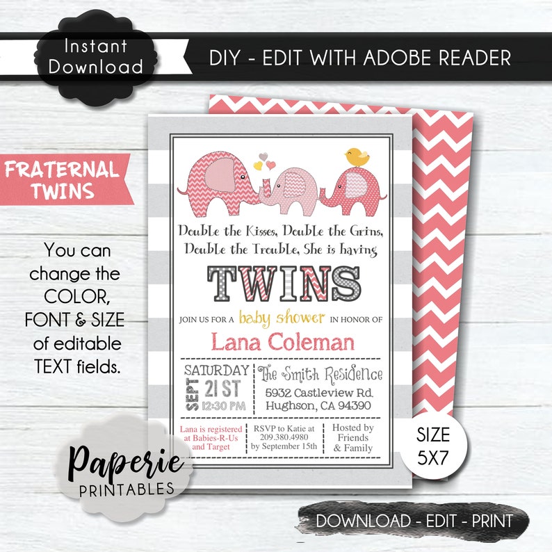 TWINS Elephant Baby Shower Invitation Elephant Baby Shower Etsy