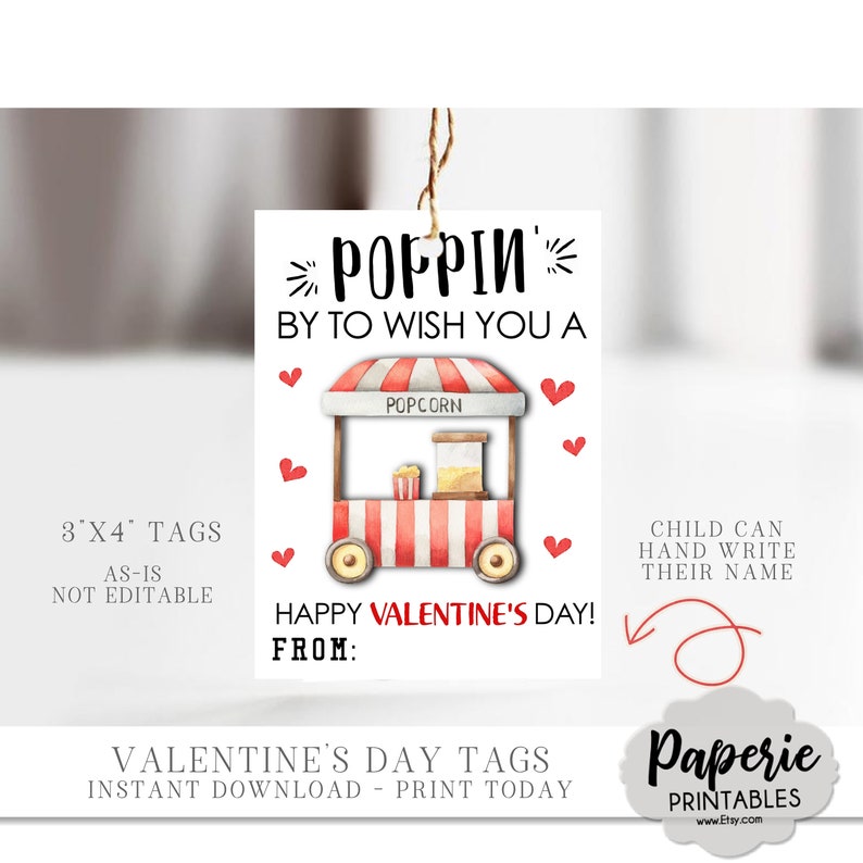 Popcorn Valentine Cards for Kids, Kids Valentine Cards, Popcorn Valentine Tags, Printable School Valentine, AS-IS, Instant Download, VT53 image 3