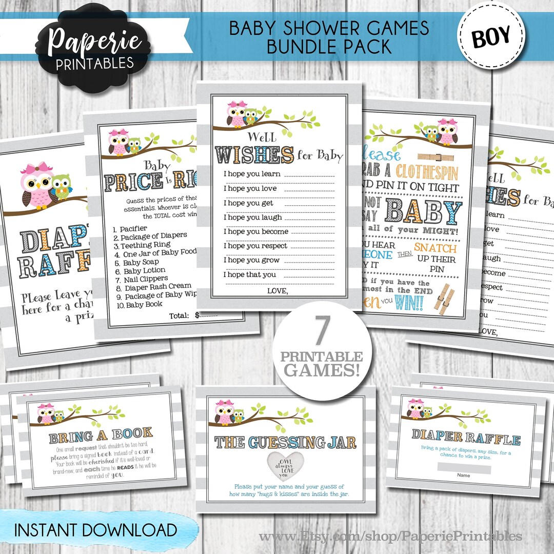 Owl Baby Shower Games Bundle Pack Boy Owl Baby Shower Games Boy Baby Shower Gamesincludes ALL 7