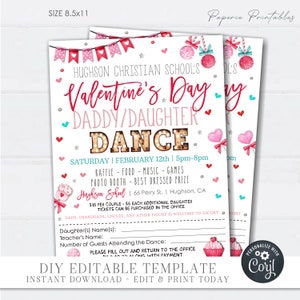 May include: A printable Valentine's Day Daddy/Daughter Dance invitation with a pink and red color scheme. The invitation features a heart-shaped banner, a dance floor with lights, and a cupcake graphic. The text on the invitation reads "Hughson Christian School's Valentine's Day Daddy/Daughter Dance" and includes the date, time, and location of the event.
