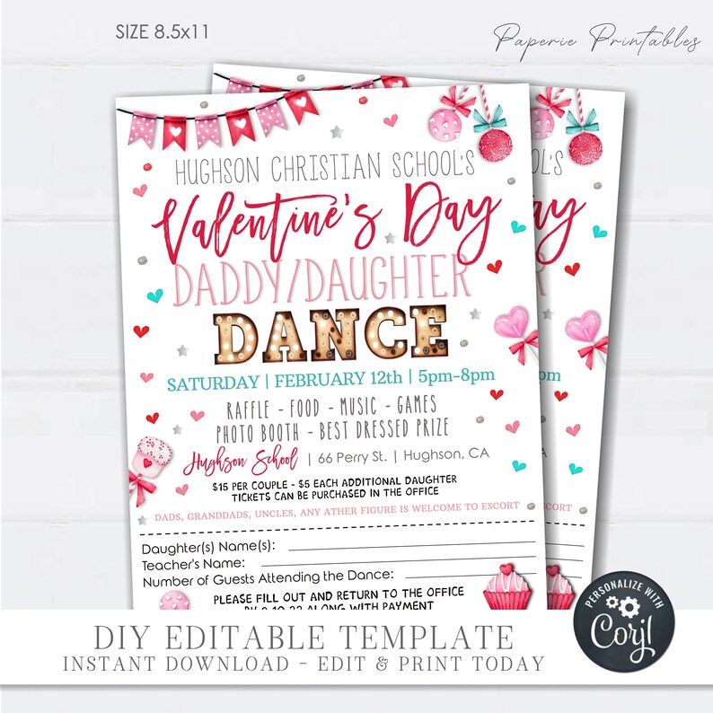 May include: A printable Valentine's Day Daddy/Daughter Dance invitation with a pink and red color scheme. The invitation features a heart-shaped banner, a dance floor with lights, and a cupcake graphic. The text on the invitation reads "Hughson Christian School's Valentine's Day Daddy/Daughter Dance" and includes the date, time, and location of the event.