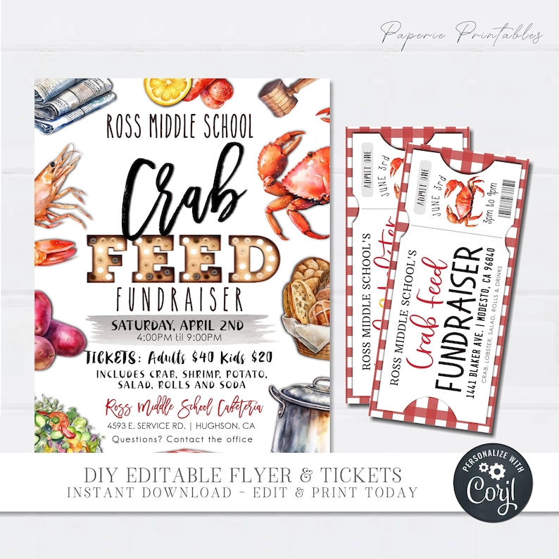 Crab Raffle Crab Feed Fundraiser Flyer & Tickets: Editable DIY Printable (corjl) # ...