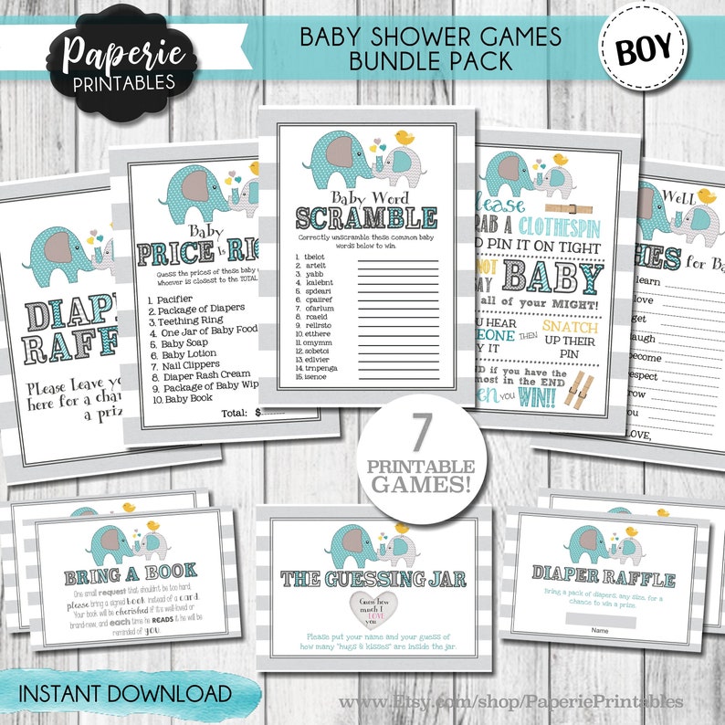 Boy Elephant Baby Shower Games Bundle Pack Elephant Baby Etsy