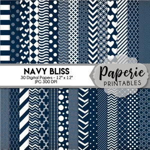 Navy & White Pattern Digital Paper - 12x12 Digital Scrapbooking Paper - 30 Papers - Navy Lattice Scrapbook Paper - Instant Download -