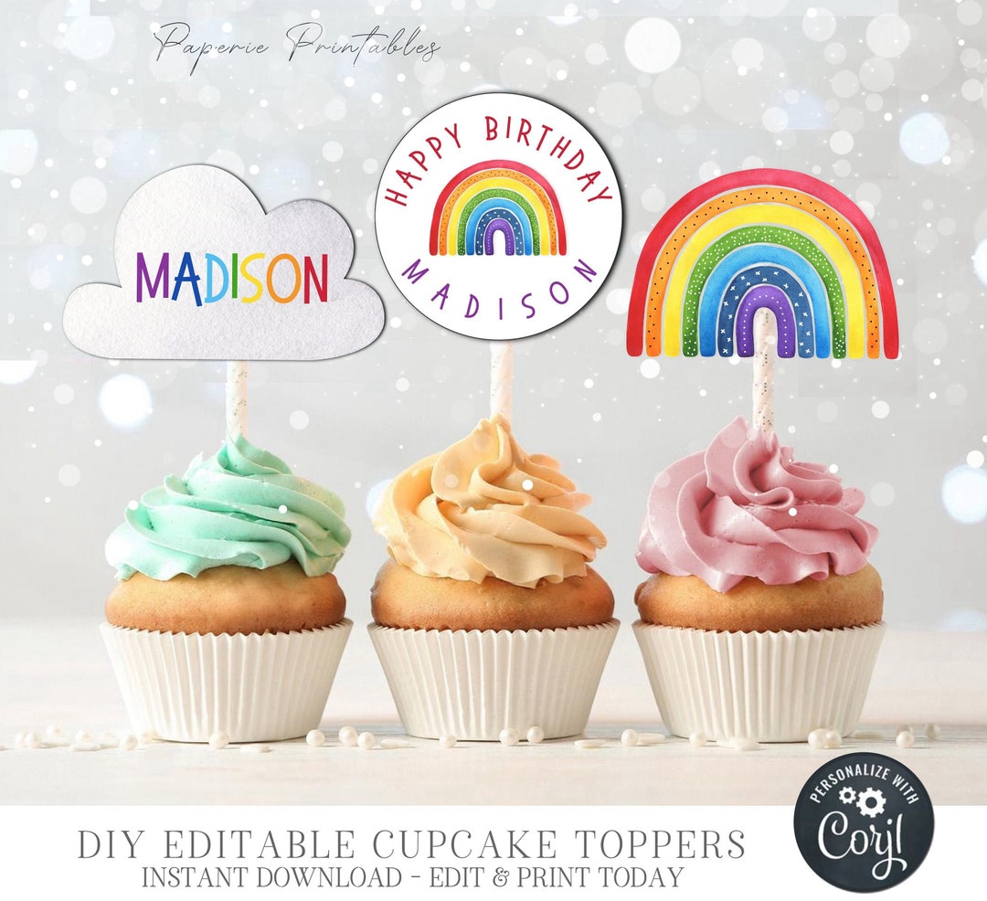 Editable Rainbow Birthday Party Cupcake Toppers, Rainbow Cupcake Topper