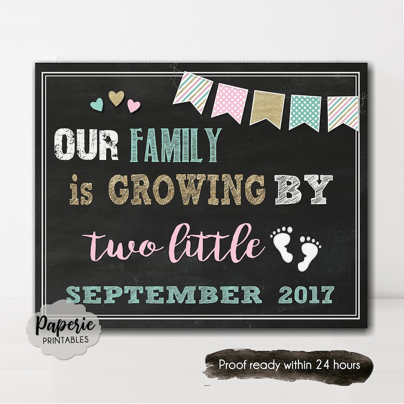 Our Family is Growing by TWO Little Feet Pregnancy Announcement Chalkboard Sign \u2013 Pregnancy Reveal \u2013 Photo Prop \u2013 Printable \u2013 Baby Reveal