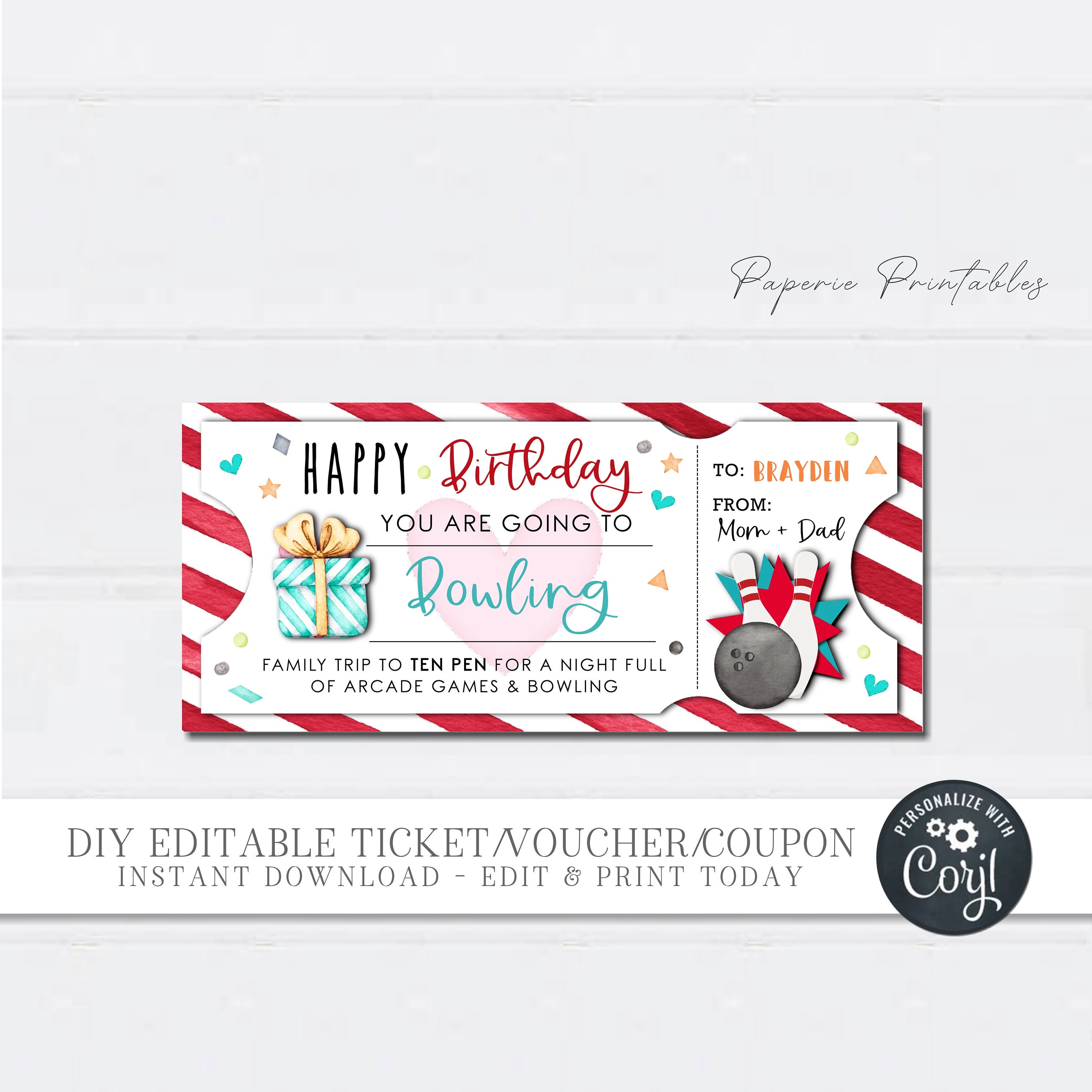 EDITABLE Bowling Birthday Gift Voucher Bowling Birthday Gift Etsy