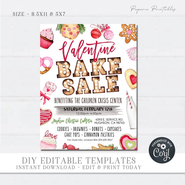 EDITABLE Valentine Bake Sale Flyer, Valentine School Bake Sale Flyer, Valentine Sale Event, Valentine Cookie Flyer - DIY with Corjl - #VP14