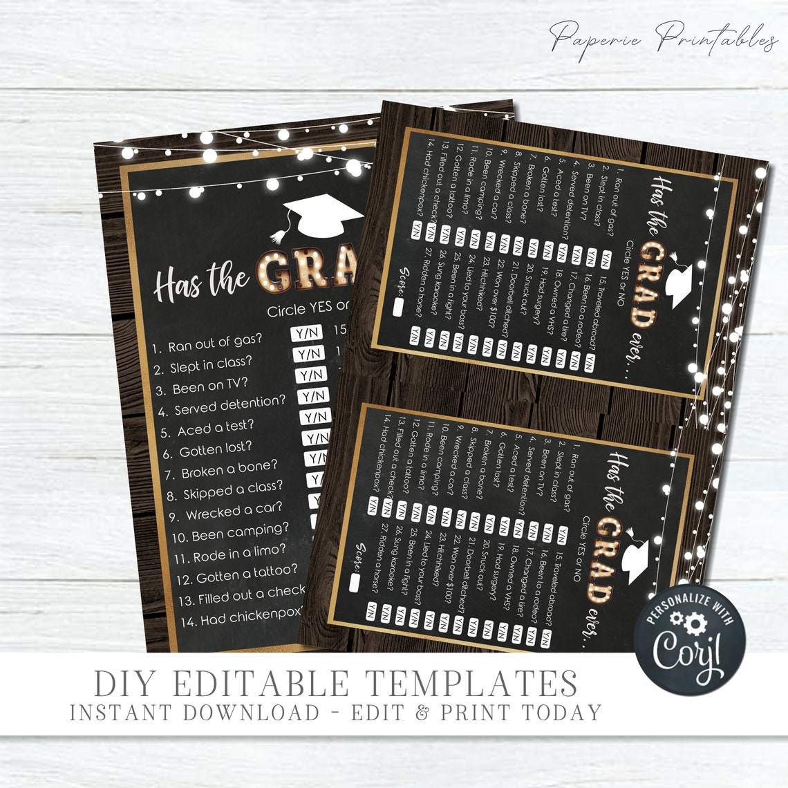Has The Grad Ever Graduation Party Game - 25 Cards With Answer Key, Black & Gold Design
