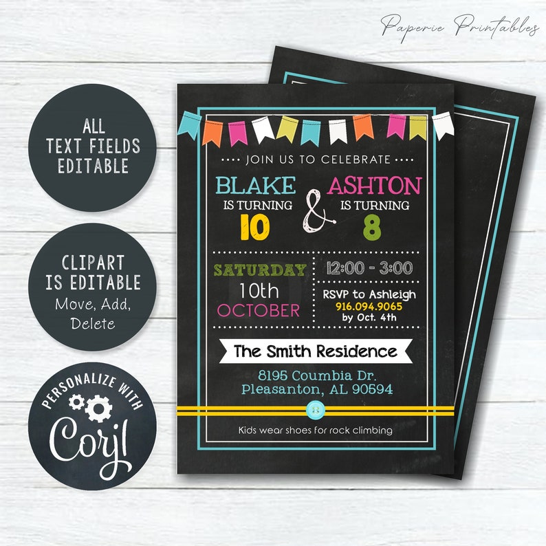 EDITABLE Siblings Birthday Invitation Sisters Birthday Etsy