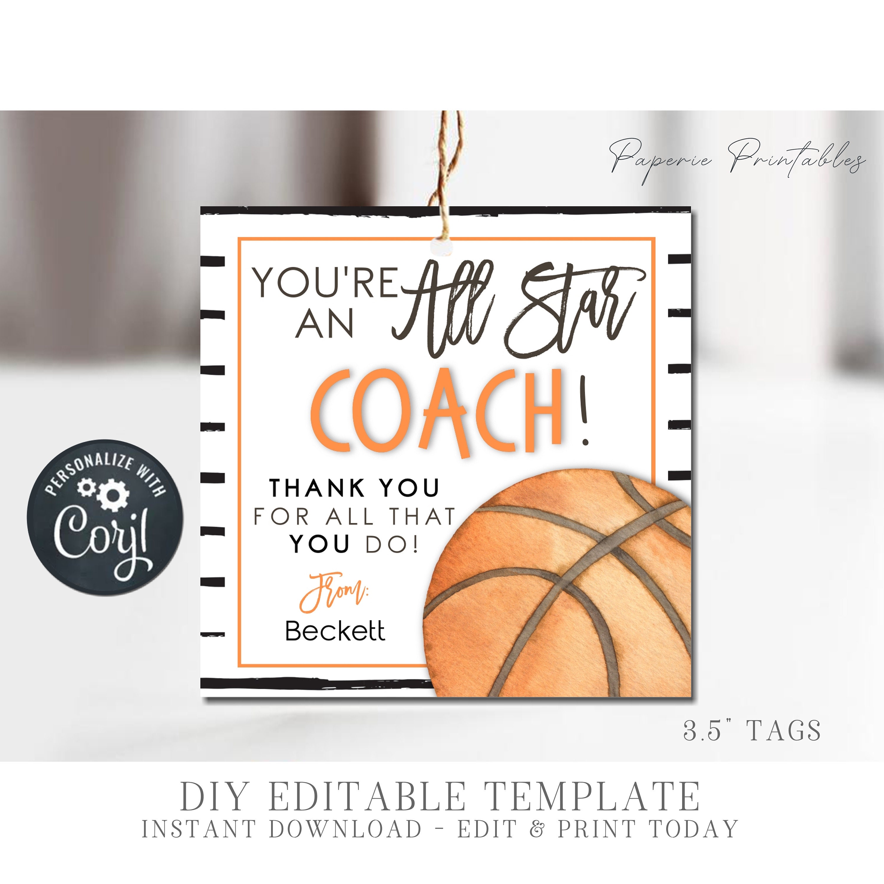 Editable Basketball Coach Gift Tag: All Star Thank You (DIY Corjl ...