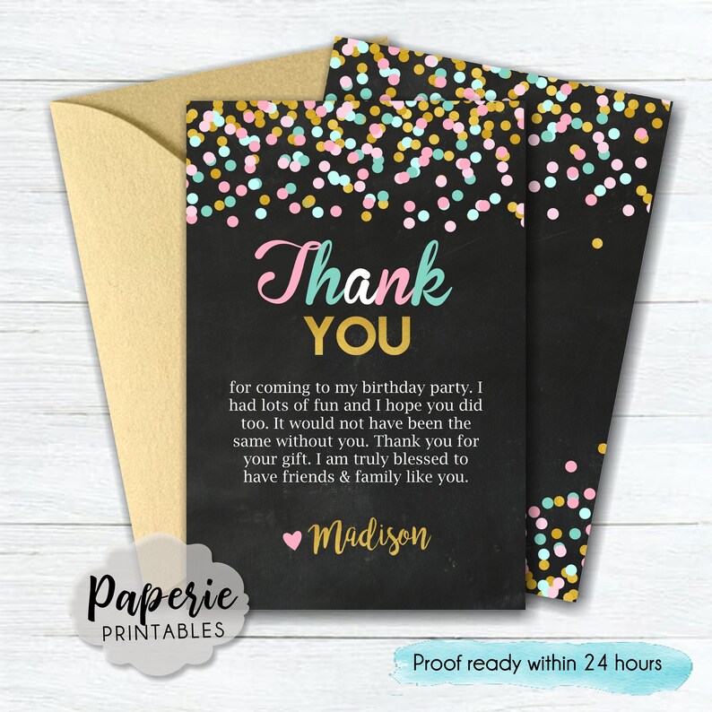 Birthday Party Thank You Card Gold Foil Confetti Birthday Etsy